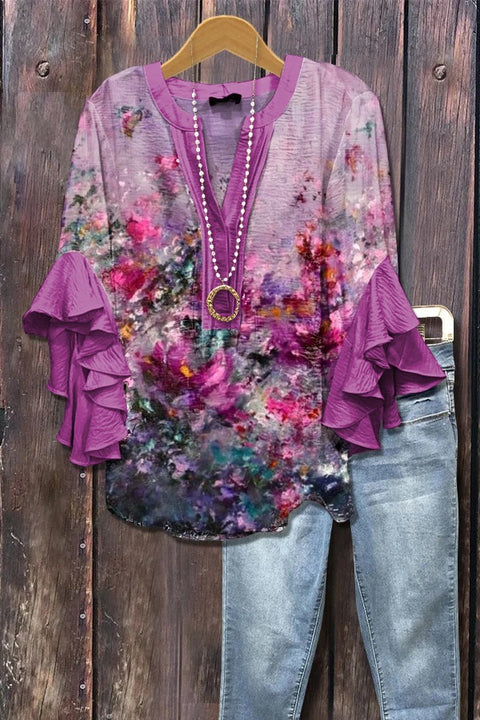 Digital printing casual trend V-neck lotus edge T-shirt women's m302725-1