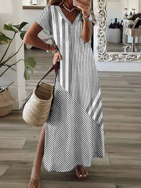 Robe fendue à col en V et imprimé à rayures positionnées m301462 