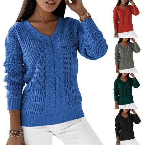 Pullover Damen Langarm V-Ausschnitt Einfarbig Twist Lässiger Strickpullover M300487 