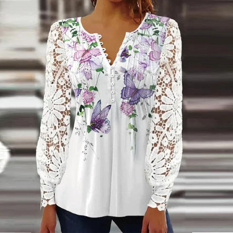 Lace Sleeve Pleated Solid Color Button T-Shirt Bottom Shirt m301333
