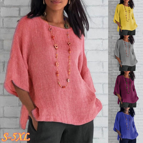 Split sleeved round neck cotton linen shirt top m300053