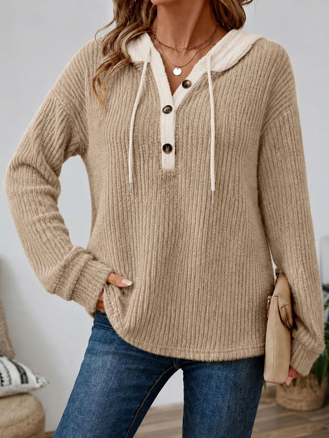 Loose v-neck button-down drawstring hooded casual women's top FF303504