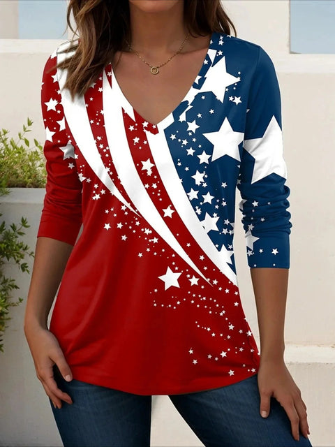 Short Sleeve V-Neck Long Sleeve T-Shirt Independence Day Element Print m302367