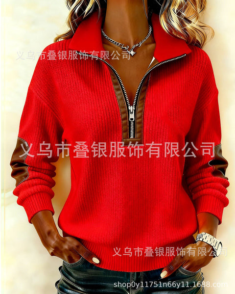 Long-sleeved semi-cardigan zipper sweater casual retro color matching long-sleeved stand-up collar top FF303410