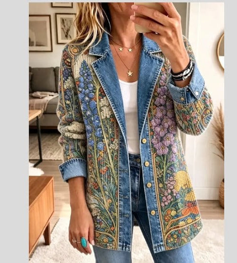 Leopard print denim jacket women's long-sleeved casual cardigan autumn loose jacket FF303339