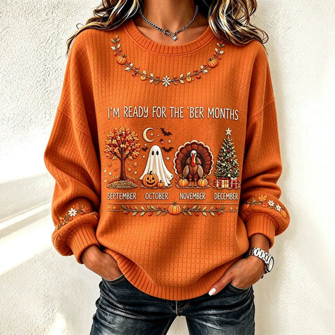 Halloween Waffle Print Crew Neck Long Sleeve Casual Pullover Sweater FF303495