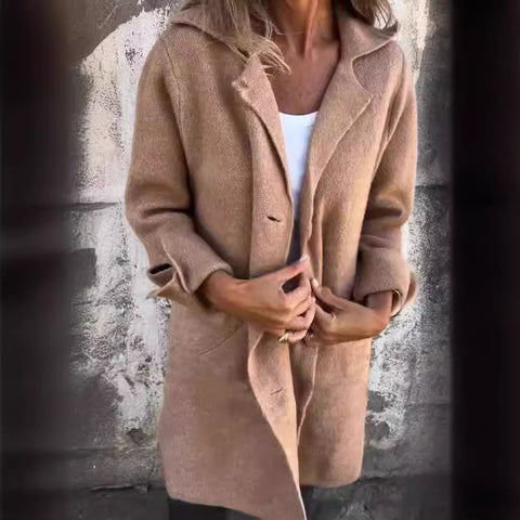 Damen einfarbig Revers mit Tasche Strickjacke einreihig mittellanger und langer Mantel m300614 
