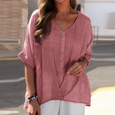 Pull ample à manches courtes et col en V en coton et lin pour femme, haut décontracté m301320 