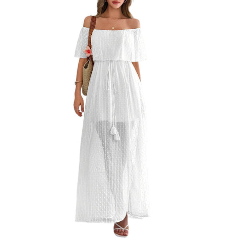 Robe longue élégante à manches courtes et col rond pour femme, style tube, taille haute, m301405 