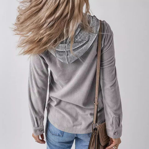 Lapel buckle cardigan purse hooded pull rope striped jacket women m301008