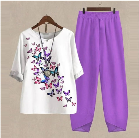 Split sleeved printed top and pants two-piece set m300036