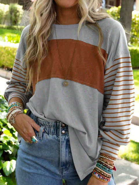 Pull col rond décontracté rayé contrastant à manches longues pour femme m300875 
