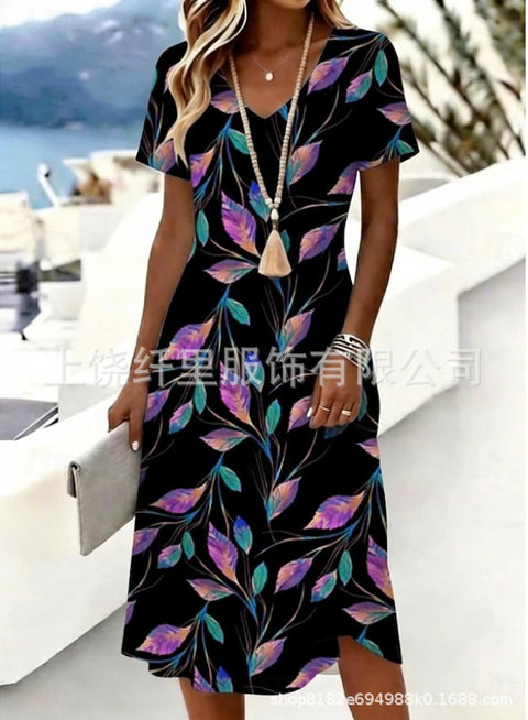 Printed women's v-neck short-sleeved temperament fashion dress m303046