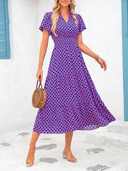 V-neck bubble pleated printed short sleeved dress m300104