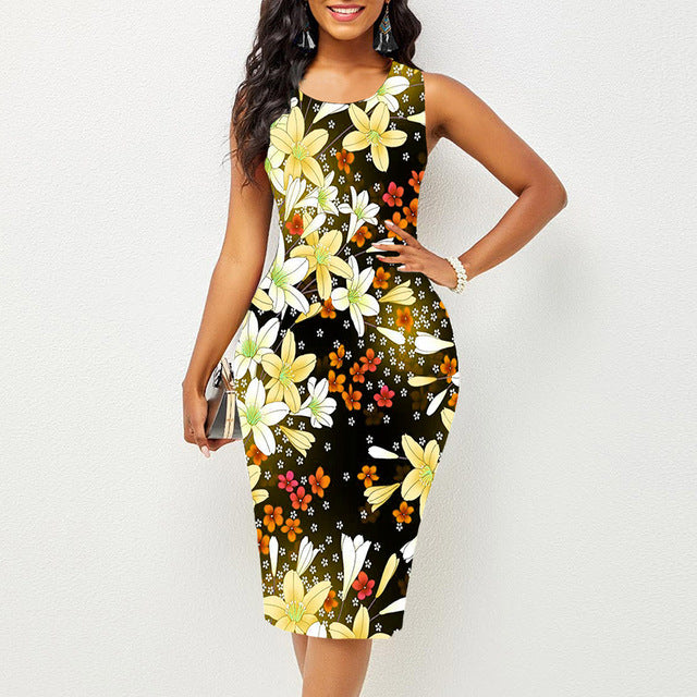 Round necked sleeveless dress with fashionable printed multi-color dre ...