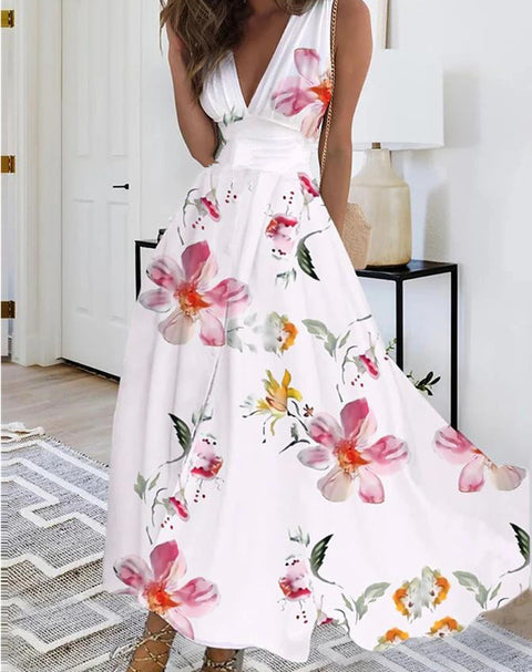 Damen neues V-Ausschnitt mit Futter hohe Taille ärmellos bedruckt sexy Westenkleid m301267 