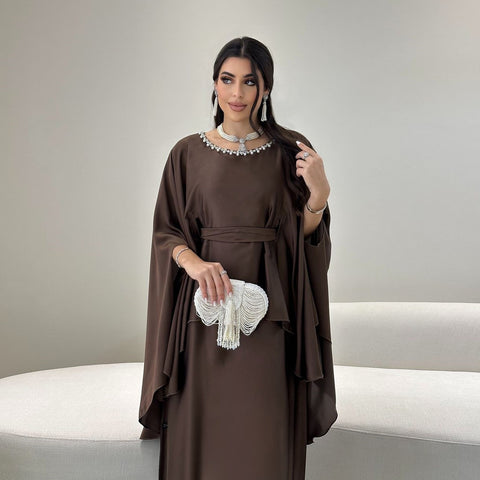 Fashion bead chain decorative fake two-piece set lace-up waist robe dress m301184