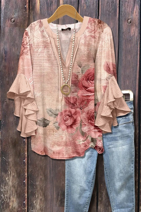 Digital printing casual trend V-neck lotus edge T-shirt women's m302725-1