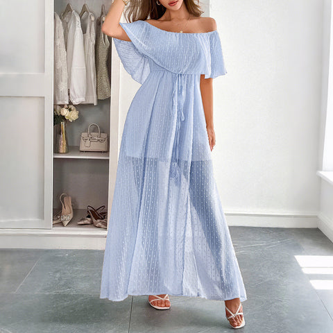 Robe longue élégante à manches courtes et col rond pour femme, style tube, taille haute, m301405 