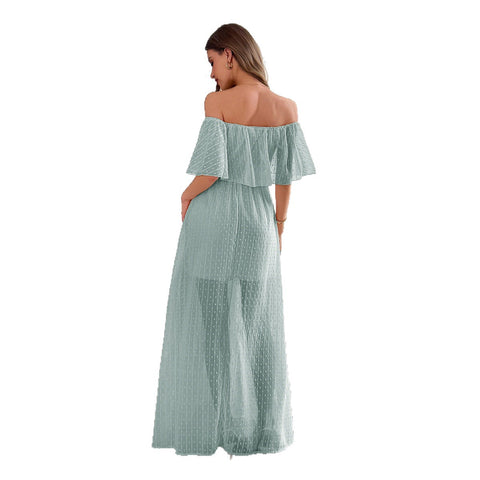 Lässiges, schlichtes, schulterfreies, halbtransparentes, schmal geschnittenes langes Kleid m301413 