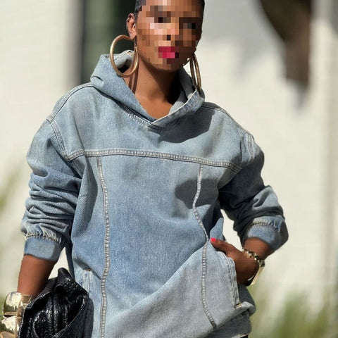 Wash water hooded loose denim sweater blue FF303257