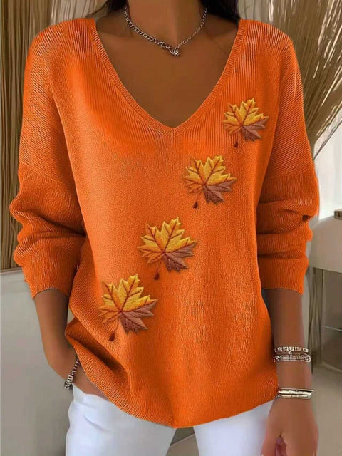 Shoulder V-neck long-sleeved autumn leaf 3D digital printing women's top FF303401