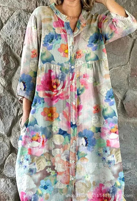 Women's Loose Crew Neck Fashion Premium Long Sleeve Printed Shirt Dress m301050