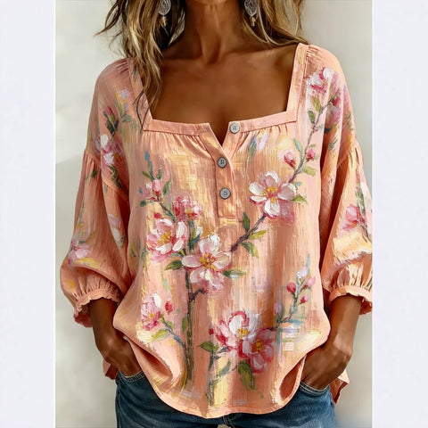 Women's square collar button-down shoulder seven-quarter sleeve medium sleeve T-shirt trend m302838