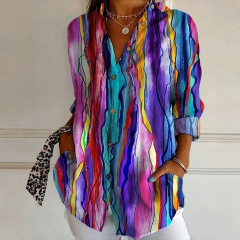 Women's long-sleeved printed top lapel shirt m301227