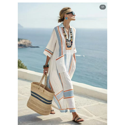 Holiday long striped embroidered dress m302762