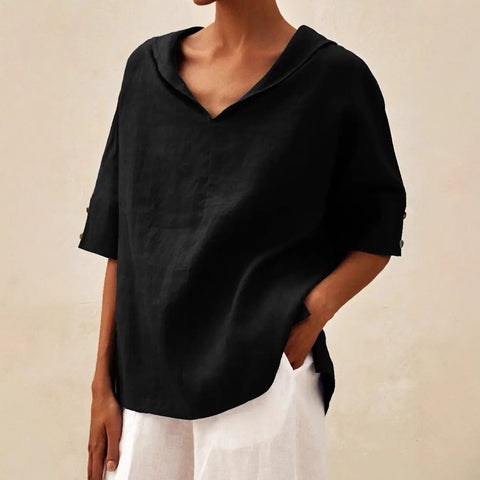 Einfarbiges, lockeres T-Shirt aus Baumwolle und Leinen für Damen mit Kapuze m301294 