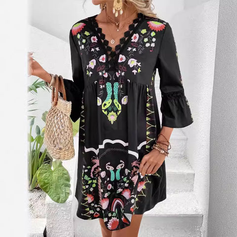 New V-neck lace splicing casual versatile print dress m300993