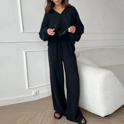 Elegante frauen casual lose anzug frauen lange-ärmeln top + kordelzug hosen anzug herbst revers zwei-stück set m301184 