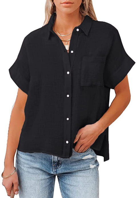 New cotton and linen short-sleeved casual side slit pocket shirt m300983
