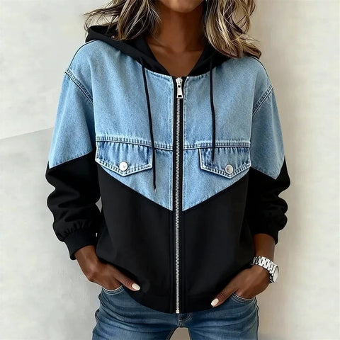 Hooded open zipper long sleeve denim washed old splicing jacket FF303372