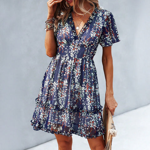Lässiges Urlaubswind-Blumen-Halblängenkleid Damenbekleidung m301415 