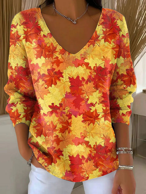 Shoulder V-neck long-sleeved autumn leaf 3D digital printing women's top FF303401
