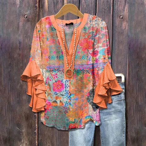 Creative floral element printing digital printing casual trend V-neck lotus edge T-shirt m301358