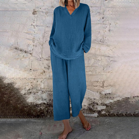 Lässiger Pullover mit V-Ausschnitt, lange Ärmel und Hosen mit Tasche, mehrfarbiger Baumwollanzug für Damen m301441 