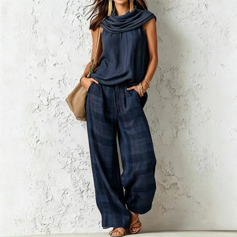 Retro casual fashion sleeveless top and plaid pants set m303064