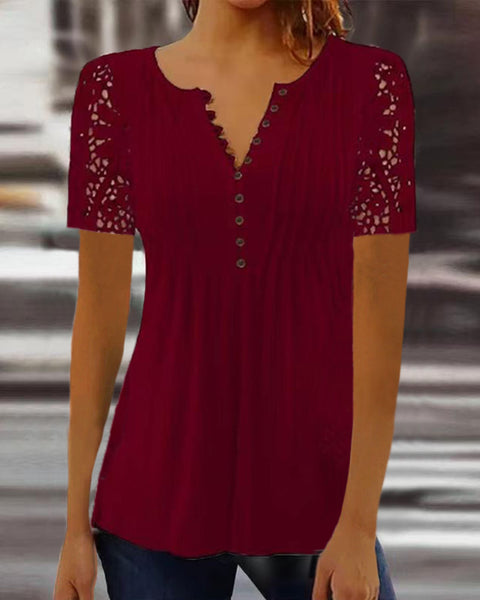 Lace Sleeve Pleated Solid Color Button T-Shirt Bottom Shirt m301333