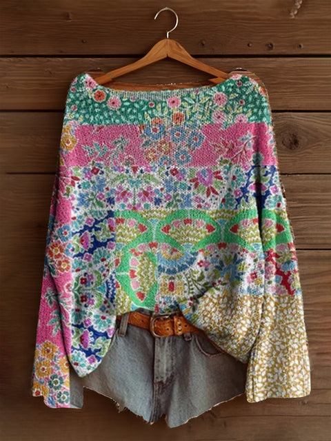 Vacation print casual cape top crew neck knitted sweater m302130