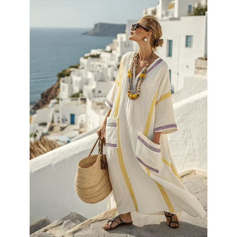 Holiday long striped embroidered dress m302762