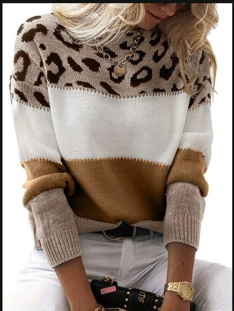 Color matching leopard print crew neck casual sweater m302285