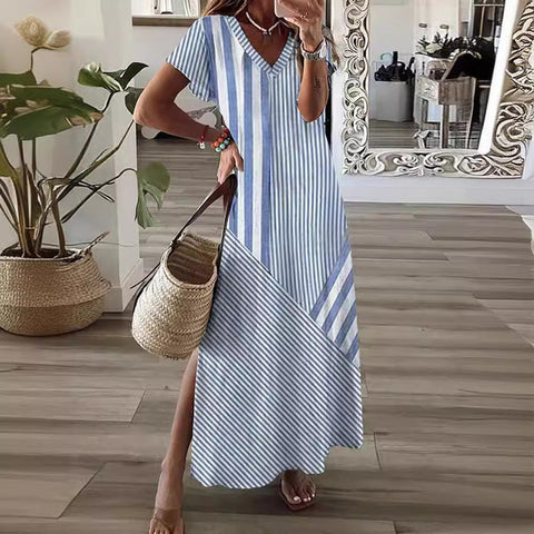 Robe fendue à col en V et imprimé à rayures positionnées m301462 
