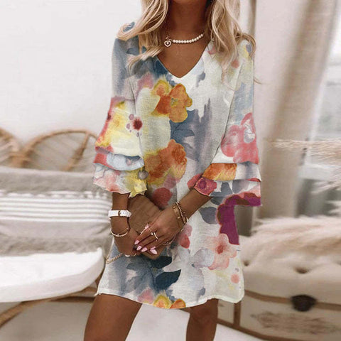 Fresh printed V-neck 3/4-sleeve mini women's dress m302854