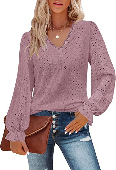 V-neck hollow casual pleated sleeve top shirt autumn m300647