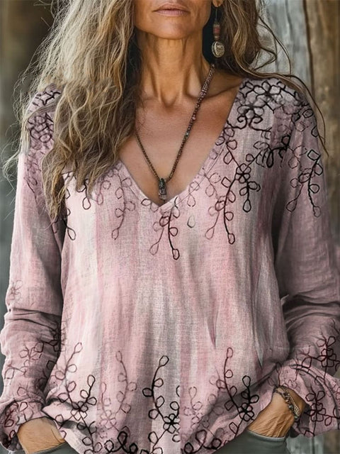 Casual V-Neck Long Sleeve Pullover Digital Printing Women's Upper T-Shirt FF303120