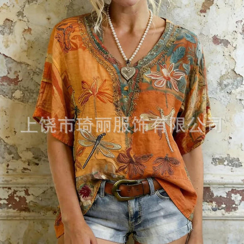 Imitation hemp V-neck shoulder-down short-sleeved top women's FF303345