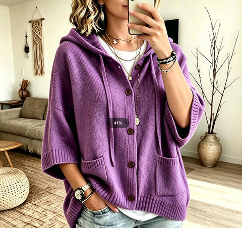 Multi-color hooded knitted cardigan loose seven-quarter sleeve sweater FF303358